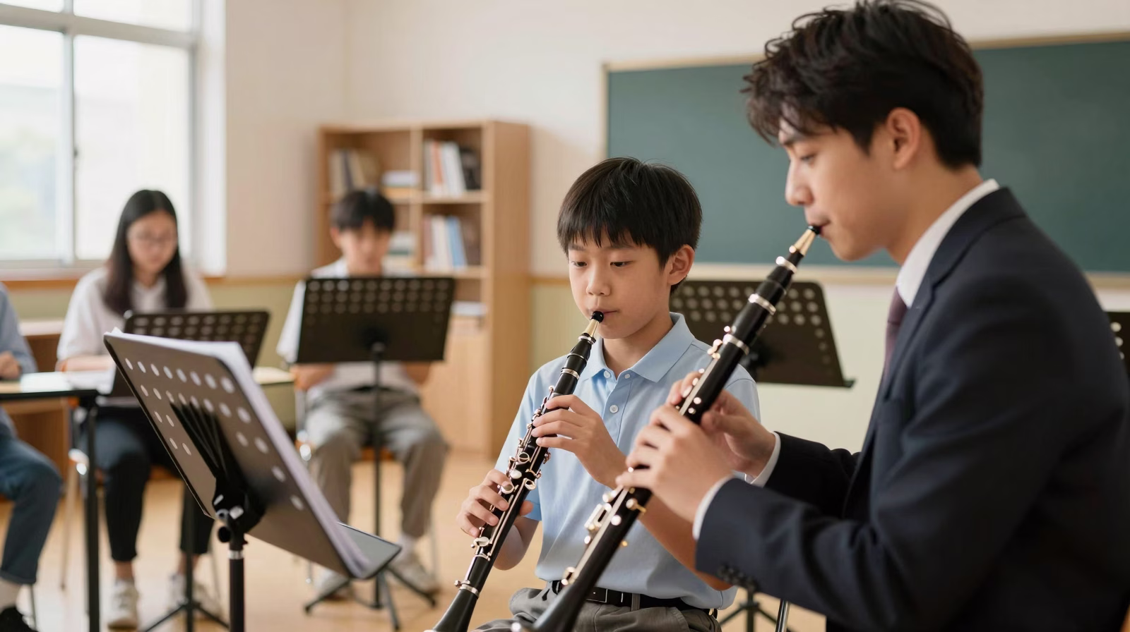 Élève apprenant la clarinette avec un professeur de musique