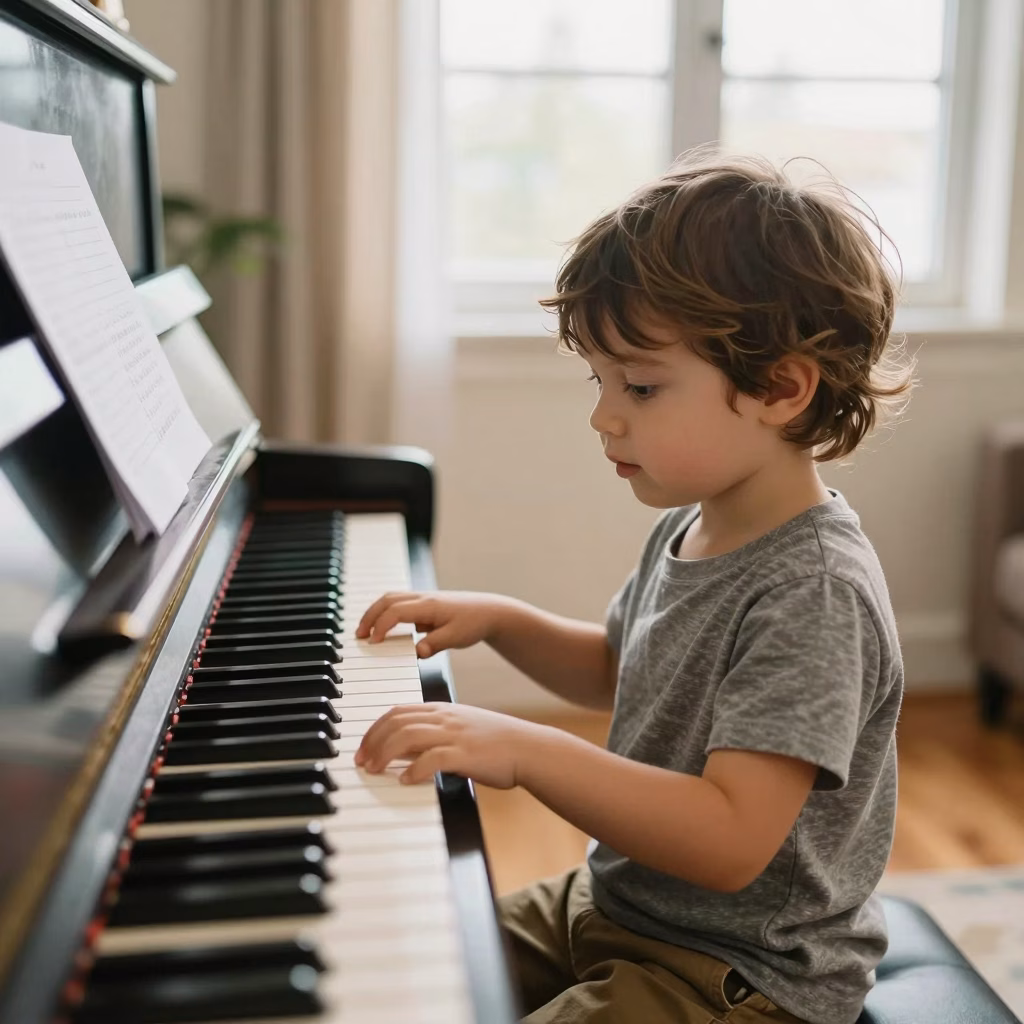 Enfant découvrant le piano avec curiosité